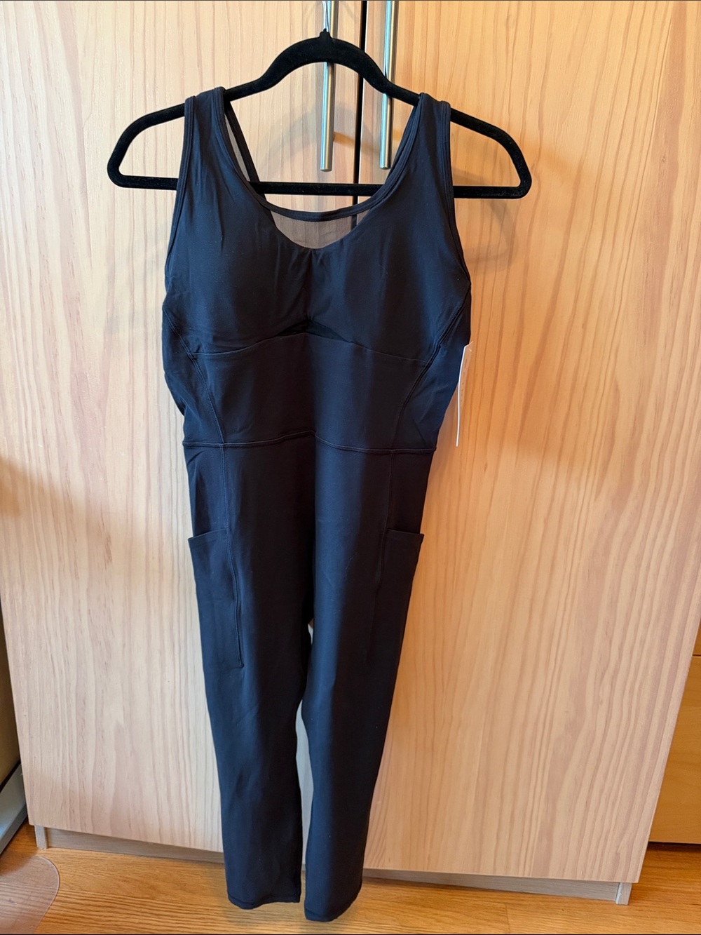 Athleta Salutation Novelty Mesh Bodysuit Black Sleeveless Pocketed